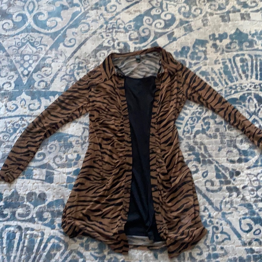 Target-wild fable brand zebra print long sleeve cardigan with black slip dress.